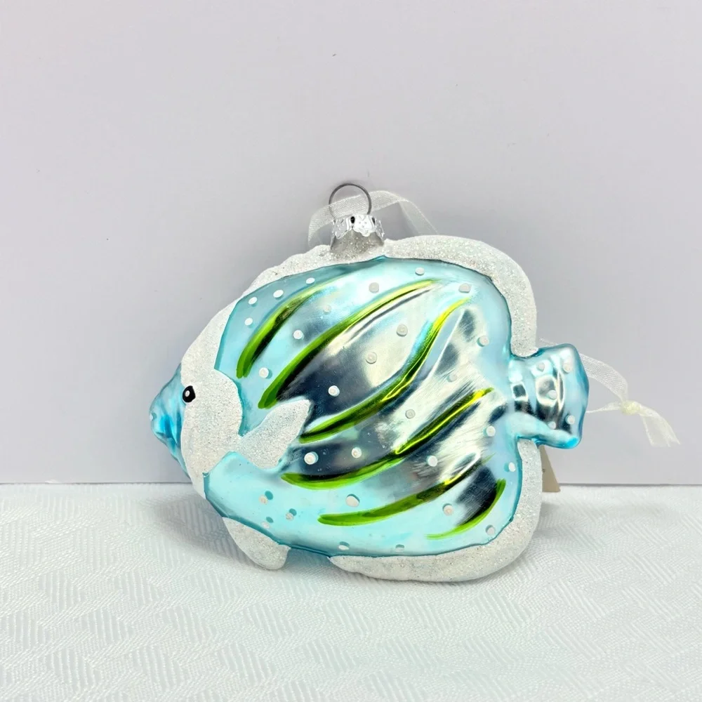 Vibrant Frosty blue and green glass blown Fish Christmas Ornament